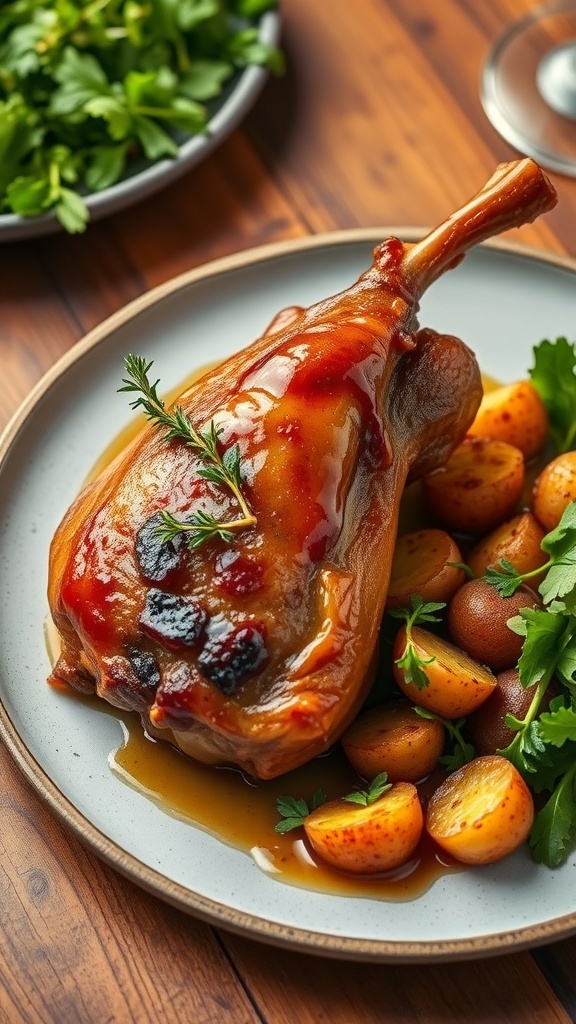 A plated duck confit leg with crispy skin, served with roasted potatoes and salad on a rustic table.